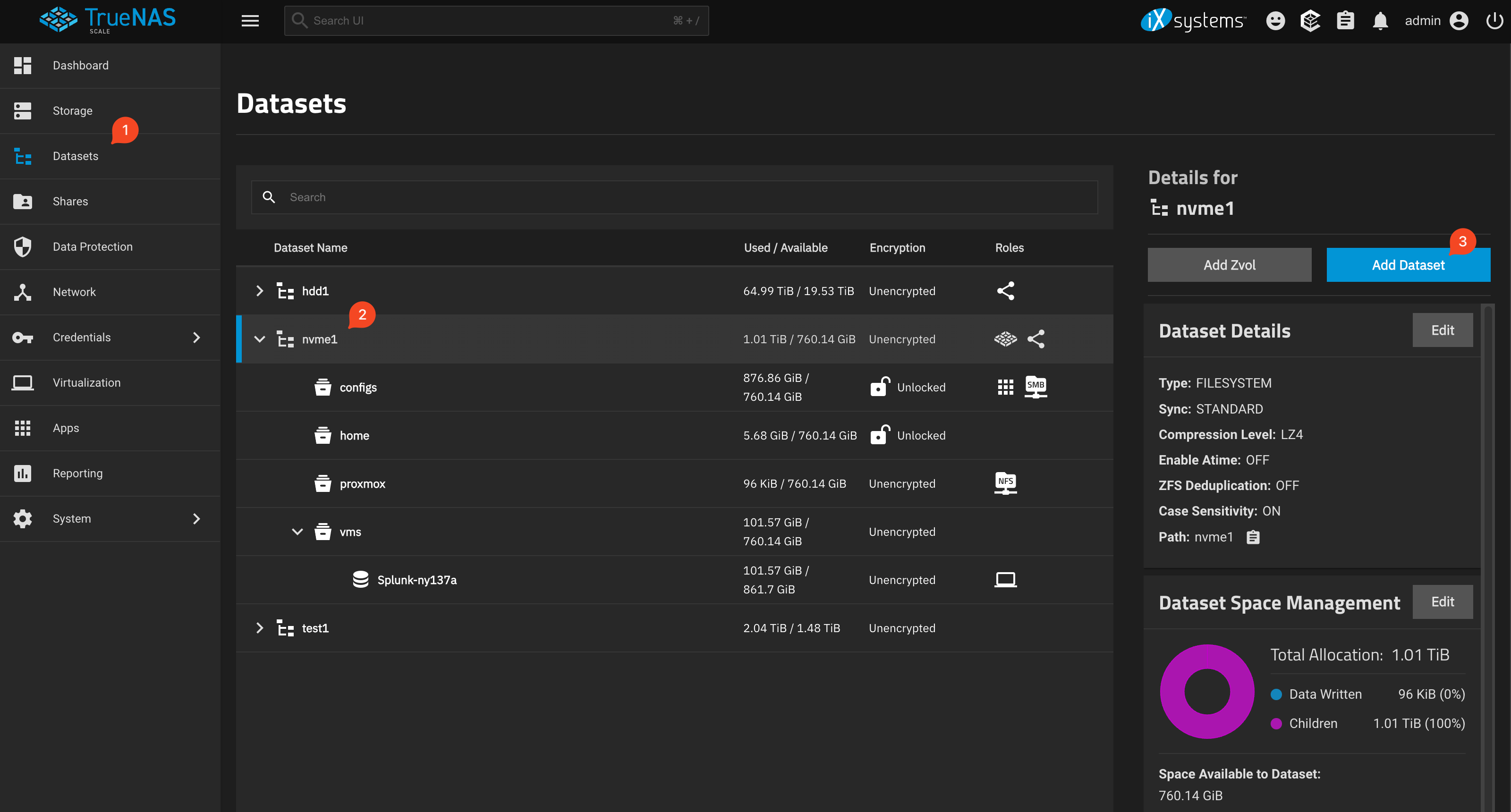 TrueNAS Datasets Page